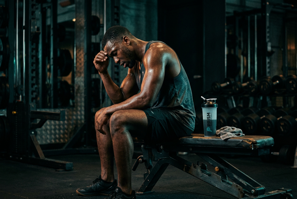Athlete sitting on gym bench post-workout with Prism Performance Health shaker bottle